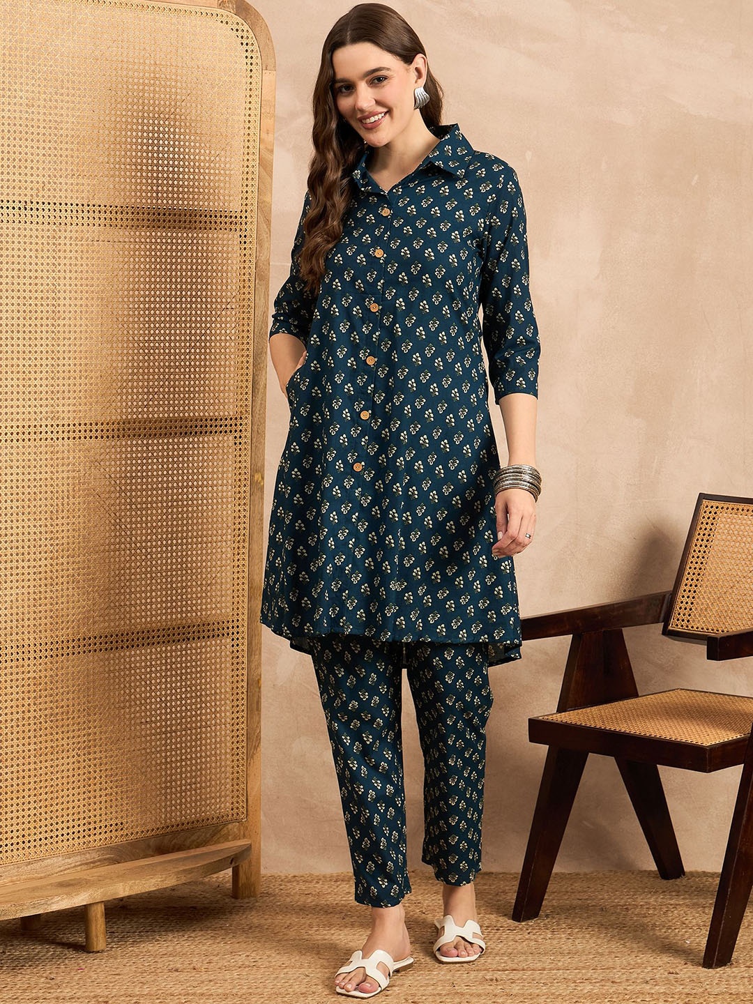 

ANEKYA Ethnic Motifs Printed Pure Cotton Tunic With Trousers, Blue