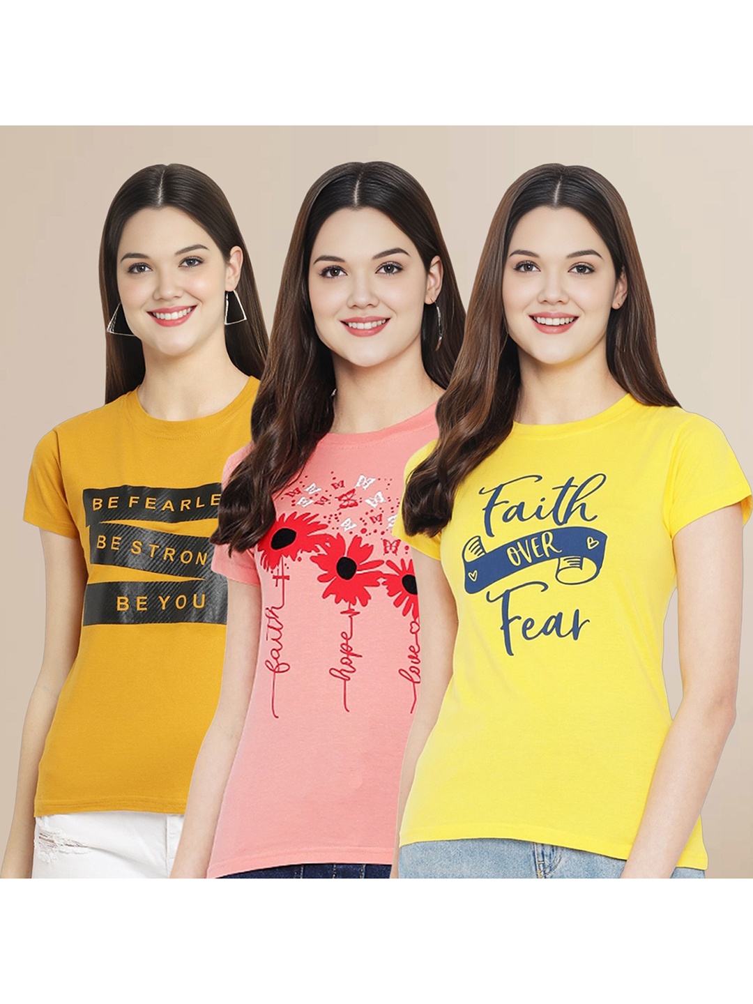 

Metronaut Women Pack Of 3 Typography Printed Round Neck Cotton T-shirts, Mustard