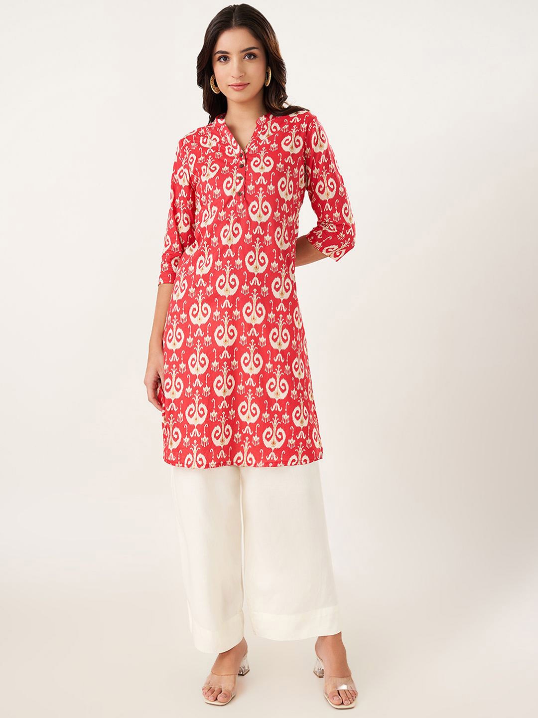 

RANGMANCH BY PANTALOONS Ethnic Motifs Printed Cotton Straight Kurta, Red