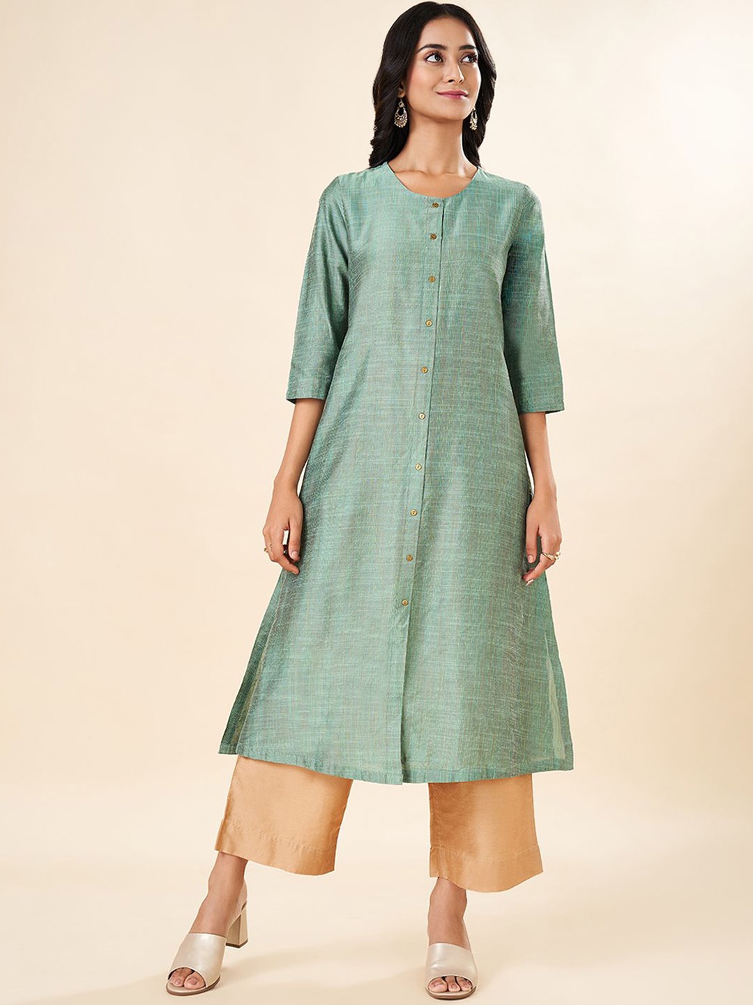 

RANGMANCH BY PANTALOONS Checked A Line Kurta, Green