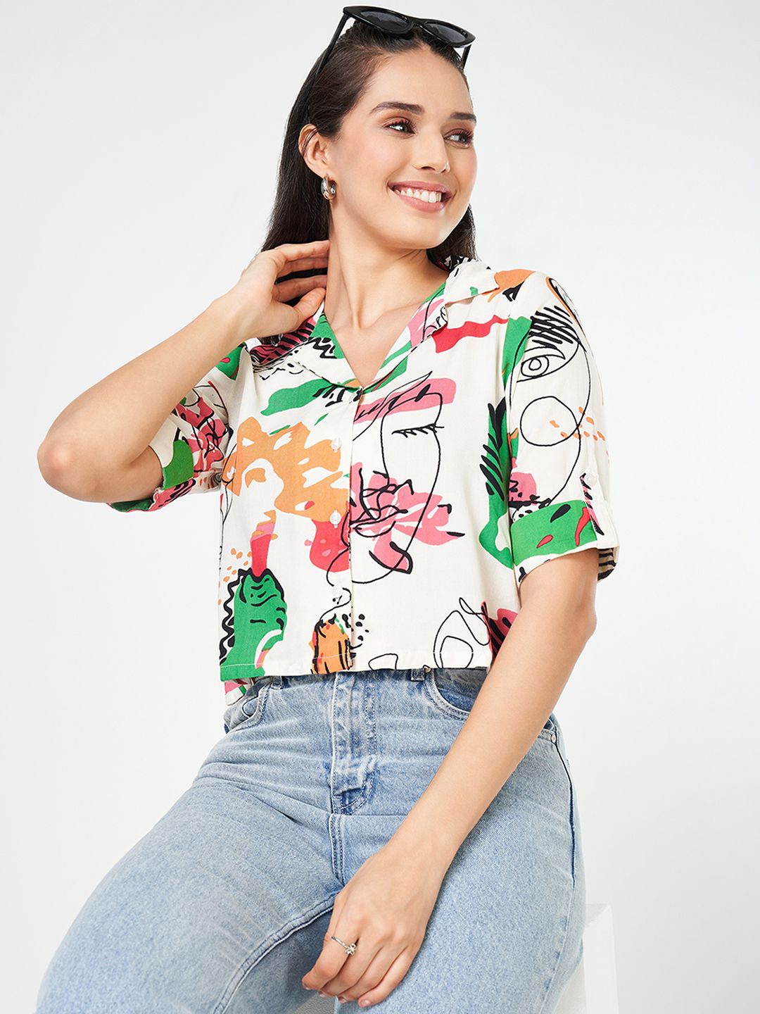 

People Women Cuban Collar Abstract Printed Boxy Casual Shirt, White