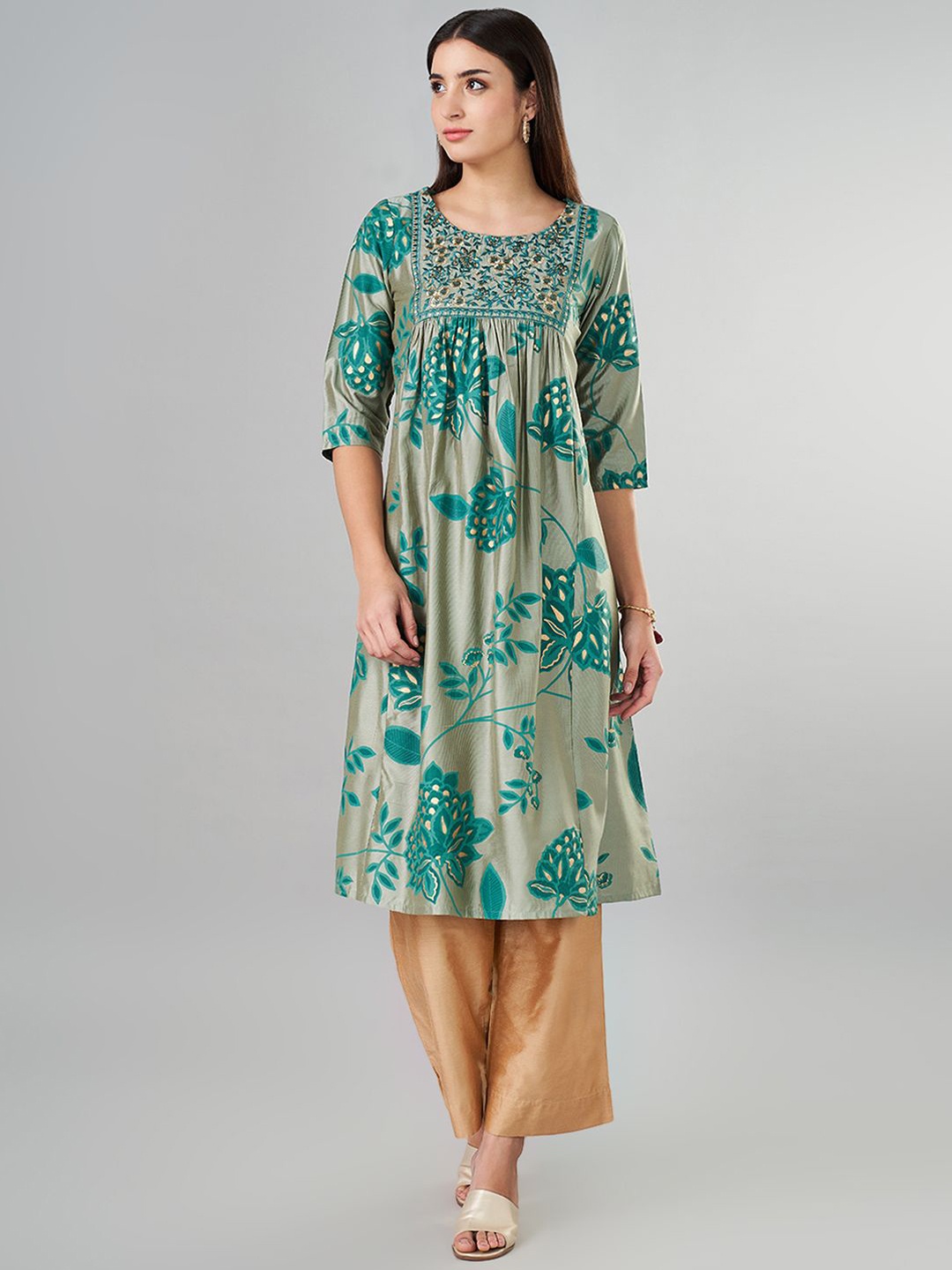 

RANGMANCH BY PANTALOONS Floral Printed A Line Kurta, Teal