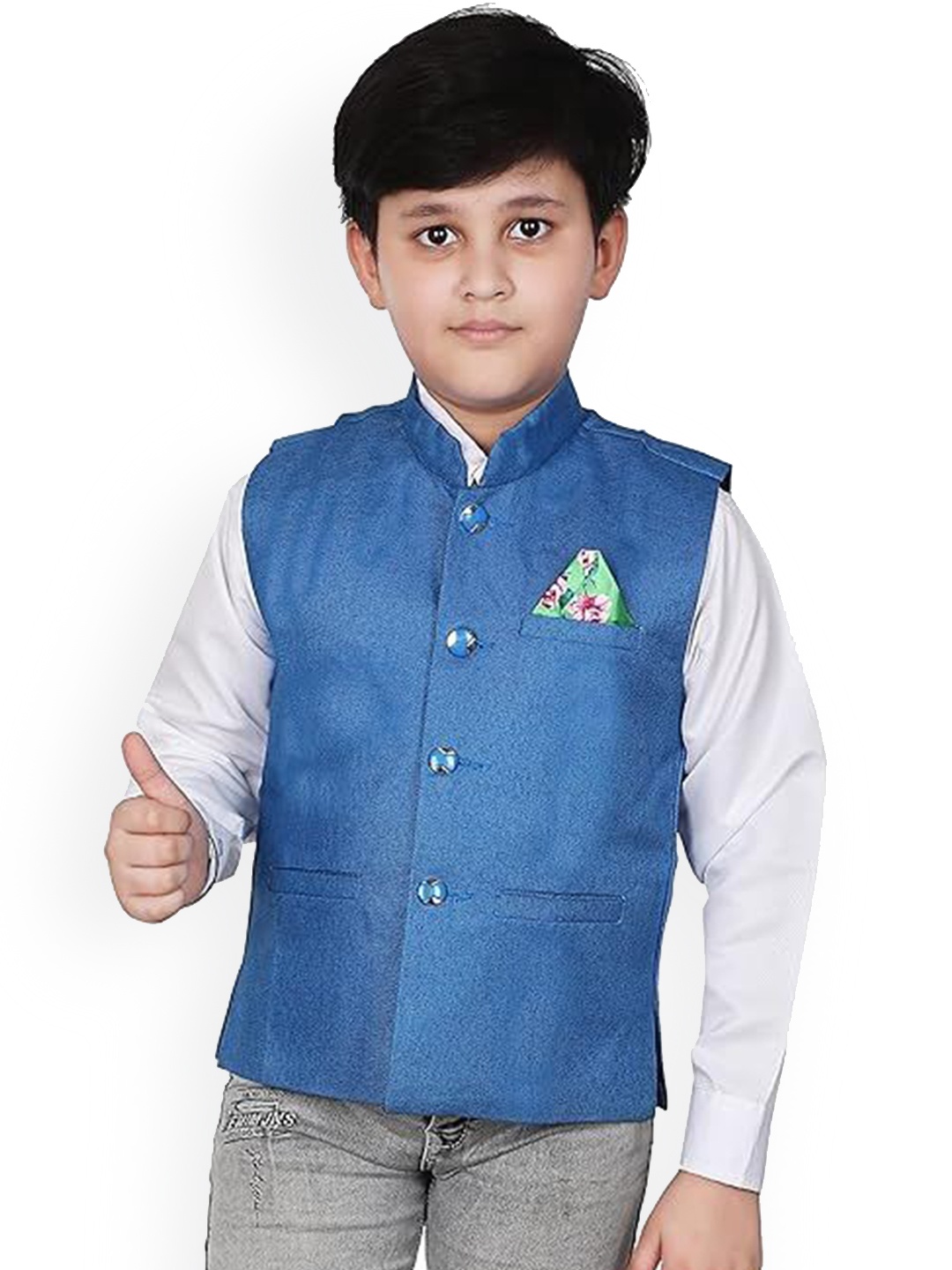 

Eliq Boys Mandarin Collar Woven Nehru Jacket, Blue