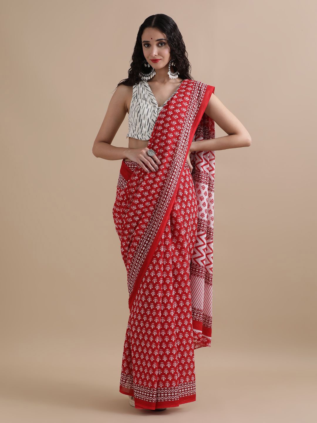 

Jaipur Kurti Ethnic Motifs Printed Pure Cotton Saree, Red