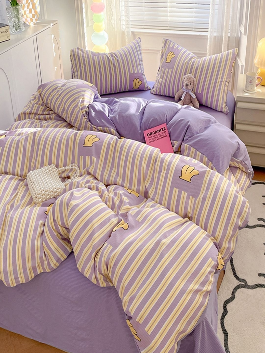 

JC HOME Purple & Cream-Coloured Striped Polycotton 3 Piece Double Extra Large Regular Bedding Set