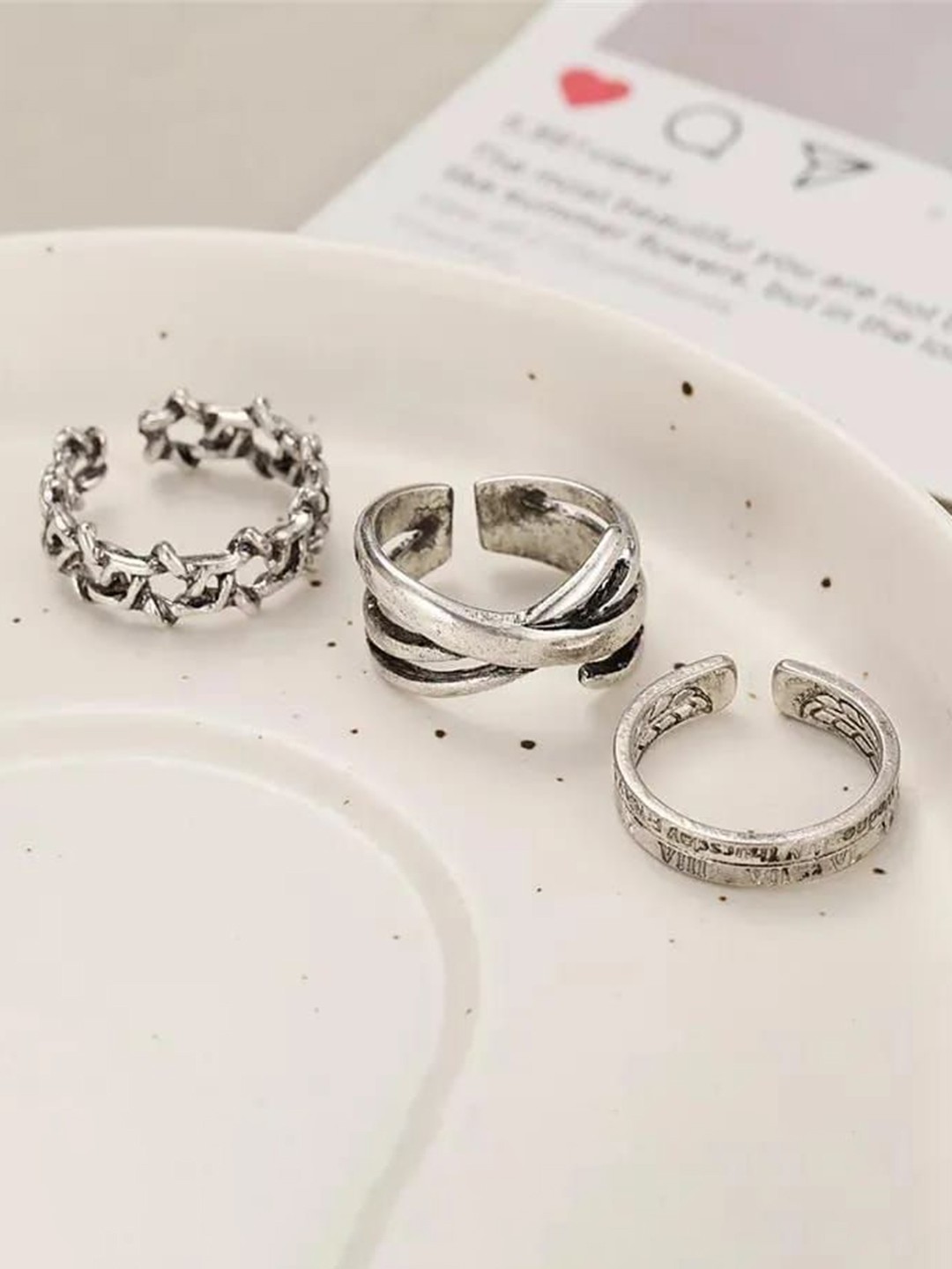 

YU FASHIONS Set Of 3 Silver Plated Stainless Steel Adjustable Finger Rings