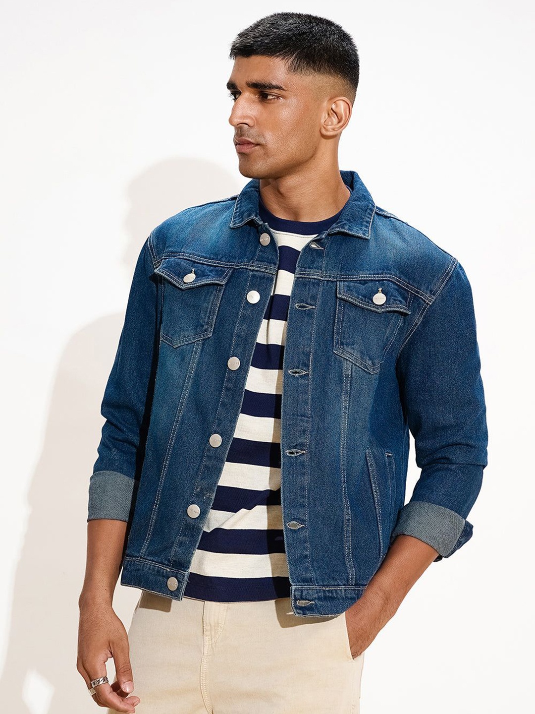 

FREAKINS Men Washed Crop Denim Jacket with Patchwork, Blue