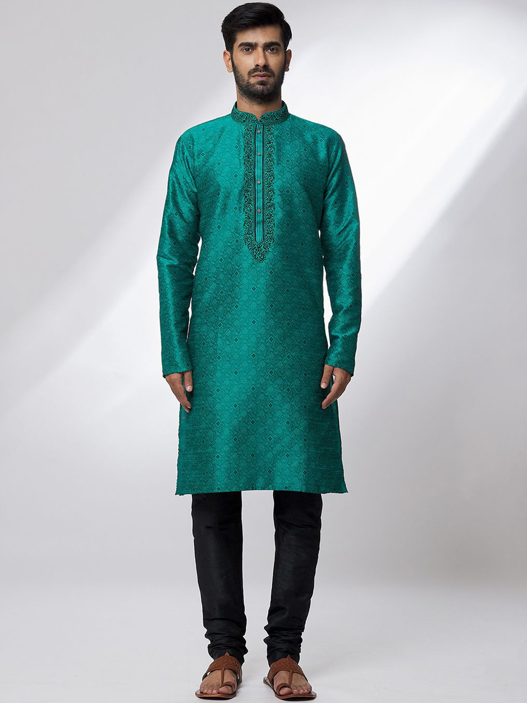 

Samyukta Singhania Botanical Woven Design Thread Work Straight Kurta with Churidar, Green