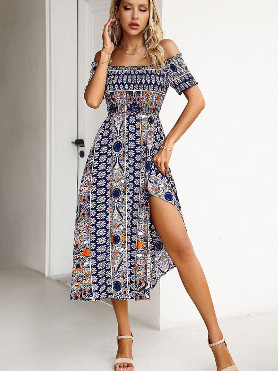 

StyleCast Women Ethnic Motifs Printed Off-Shoulder Fit & Flare Midi Dress, Navy blue