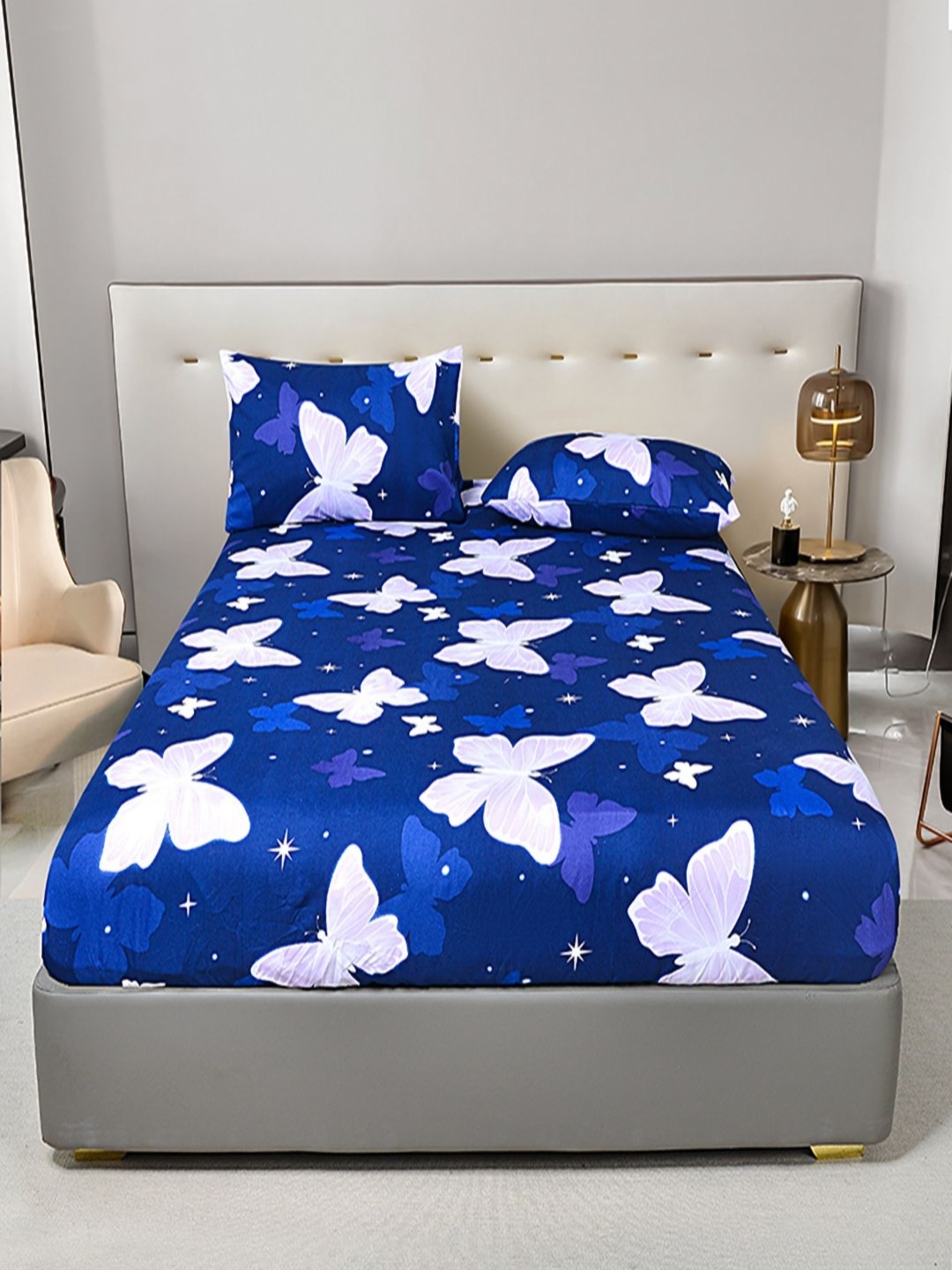 

JC HOME Blue & Purple Butterflies Printed 140 TC Fitted Queen Bedsheet Set 2 x 1.5 m