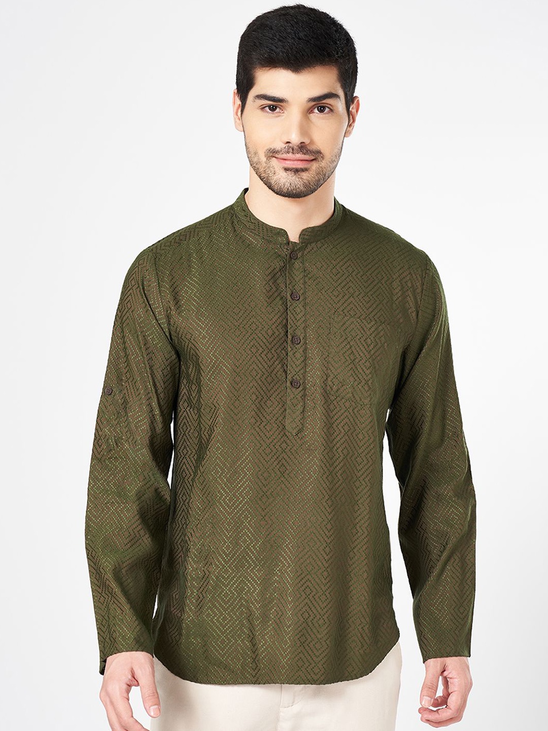 

indus route by Pantaloons Geometric Woven Design Mandarin Collar Cotton Short Kurta, Olive