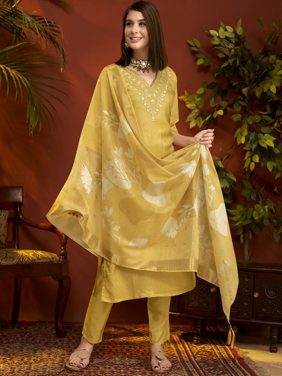 

Anouk Floral Yoke Design Sequinned Pure Silk Straight Kurta With Trousers & Dupatta, Yellow