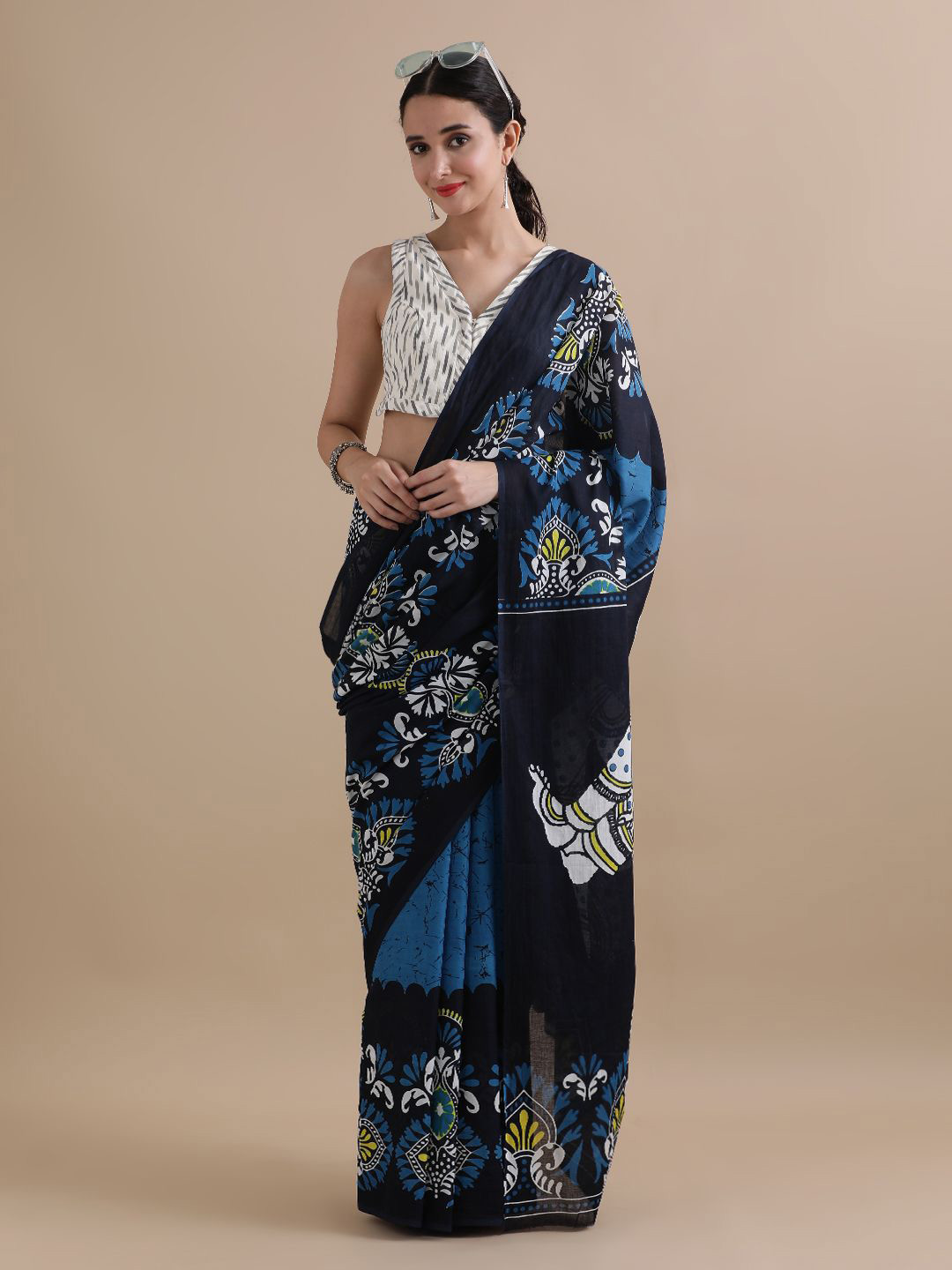 

Jaipur Kurti Floral Printed Pure Cotton Saree, Blue
