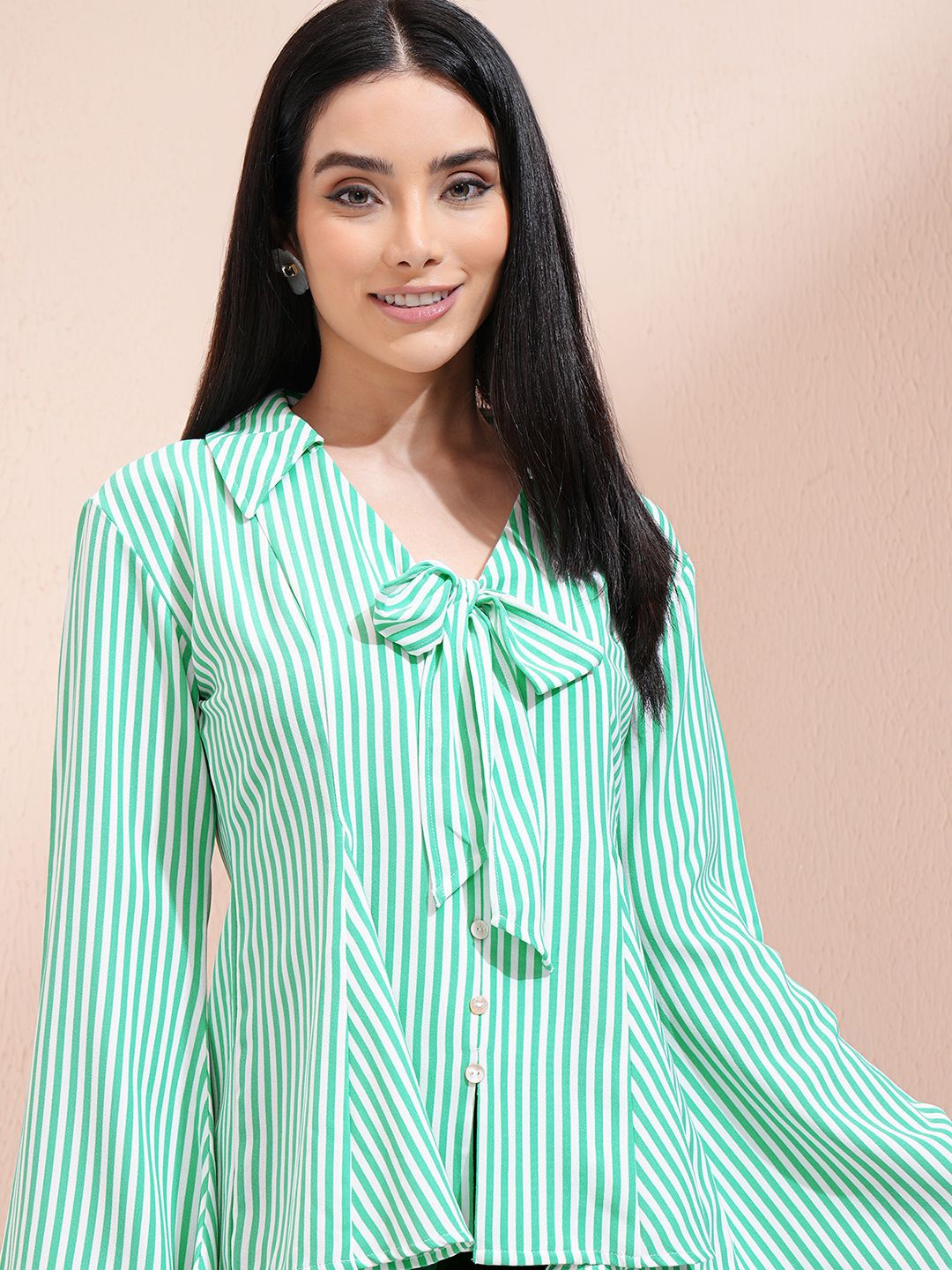 

Tokyo Talkies Women Striped Bell Sleeve Shirt Style Top, Green