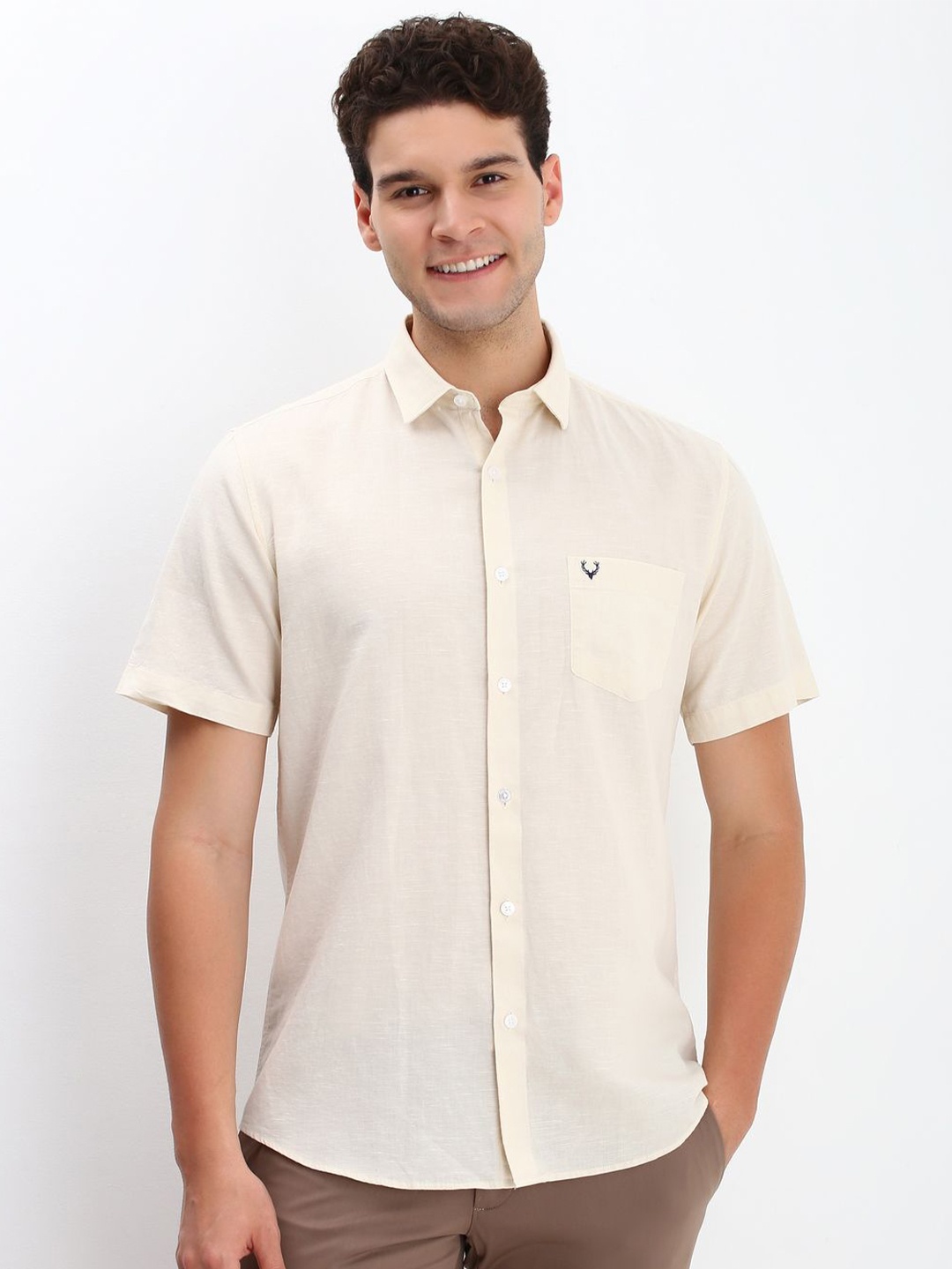 

Allen Solly Men Spread Collar Solid Cotton Slim Fit Casual Shirt, Beige