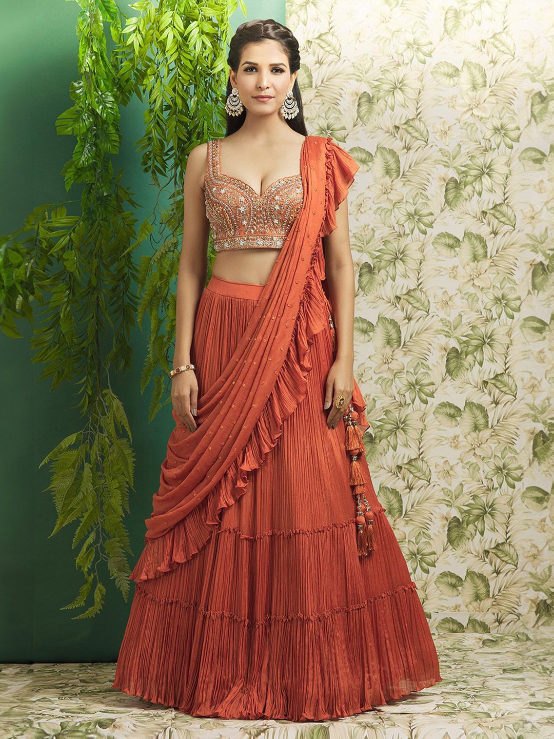 

Alaya Advani Poly Crepe Lehenga Saree & Embroidered Blouse Set, Orange