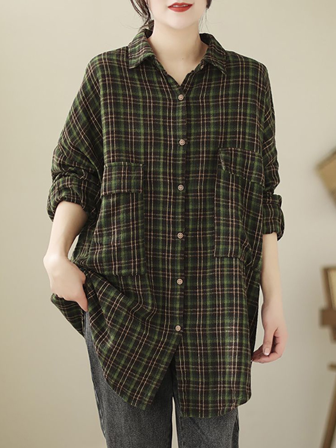 

StyleCast x Revolte Women Spread Collar Abstract Printed Cotton Oversized Casual Shirt, Green