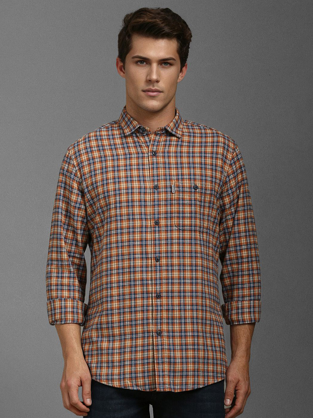 

Louis Philippe Jeans Men Spread Collar Checks Printed Cotton Slim Fit Casual Shirt, Brown