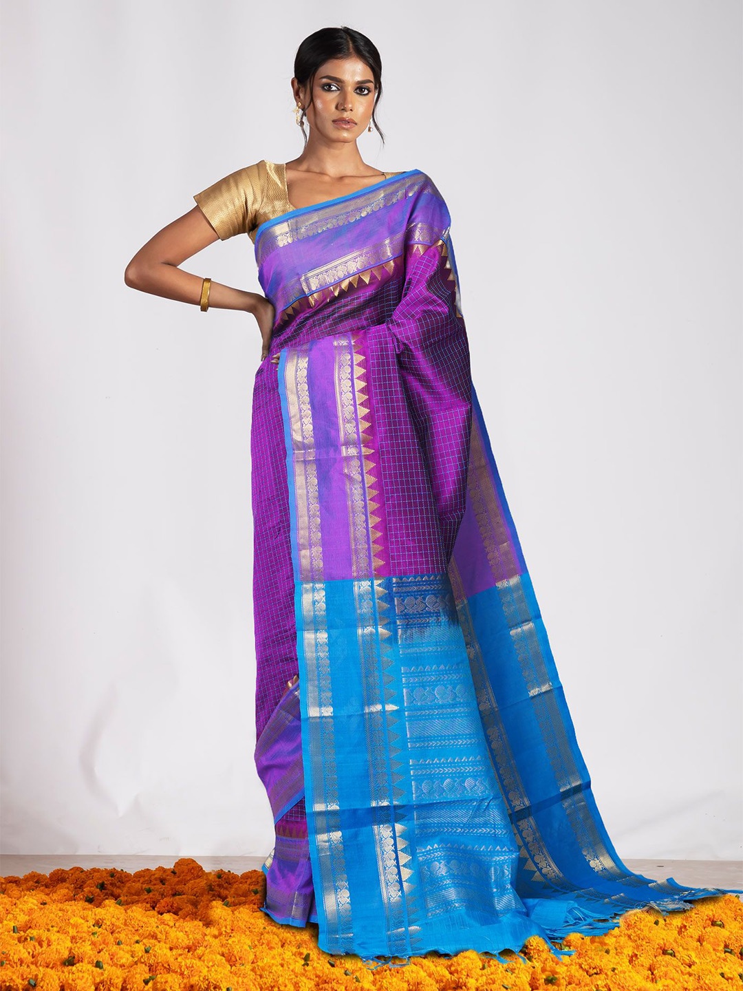 

Unnati Silks Checked Woven Design Kanjeevaram Saree, Purple