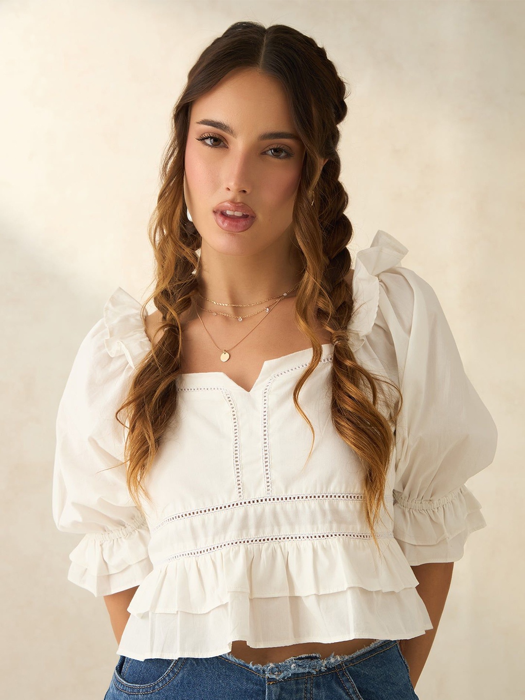 

Virgio Women Ruffled Lace Cotton Crop Top, White