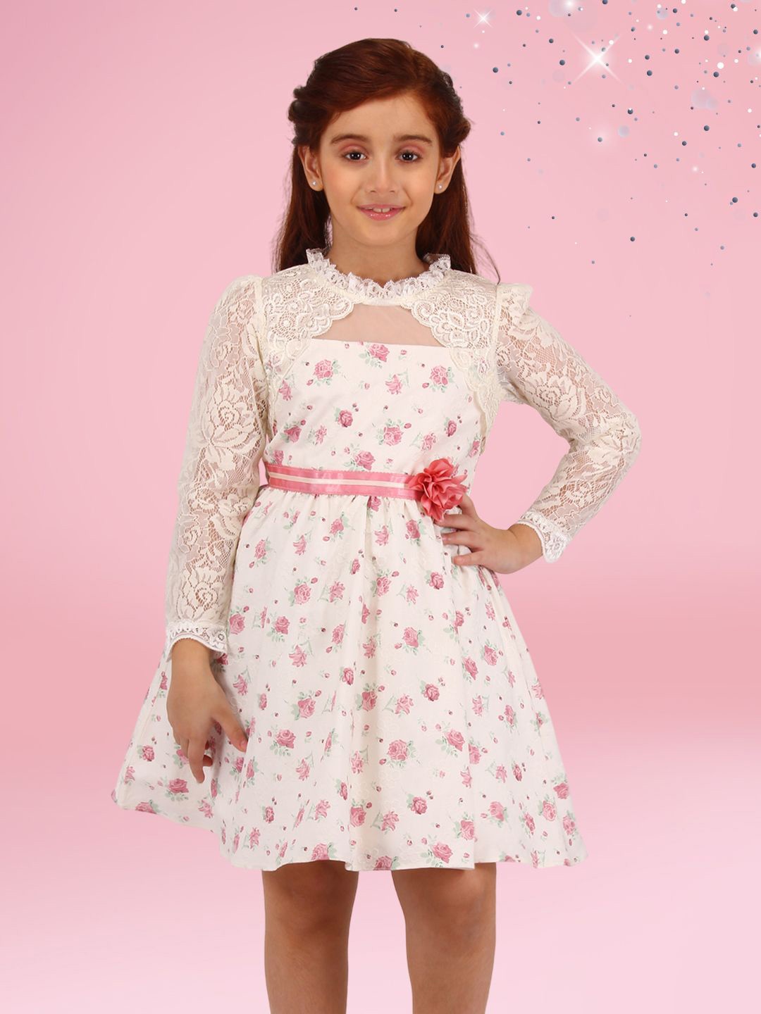

CUTECUMBER Girls Floral Printed Applique Fit & Flare Dress, Cream