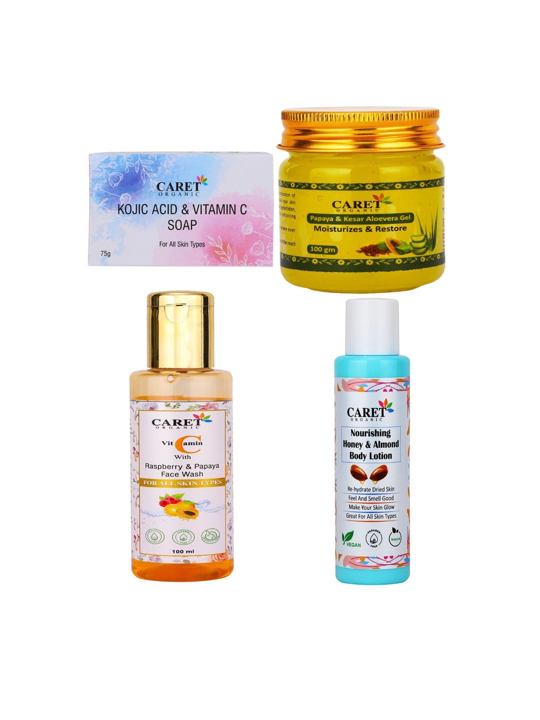 

CARET ORGANIC Set Of 4 Soap- 75 g- Face Wash- 100 ml- Gel-100 ml- Body Lotion- 100 ml, White