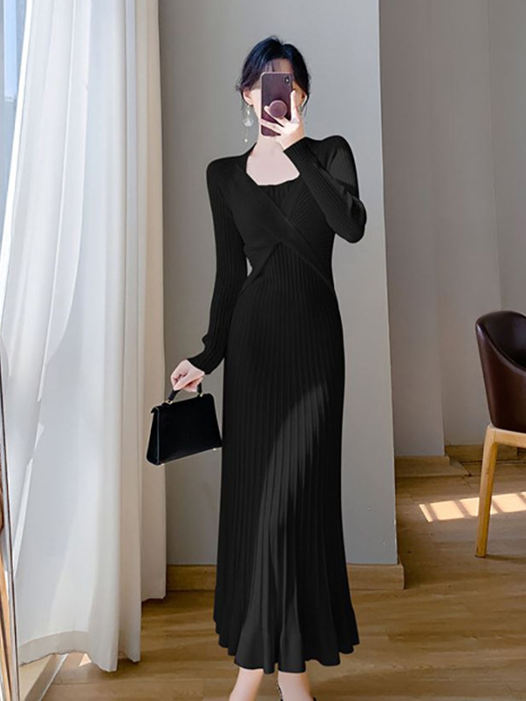 

StyleCast x Revolte Women Long Sleeves A-Line Midi Dress, Black