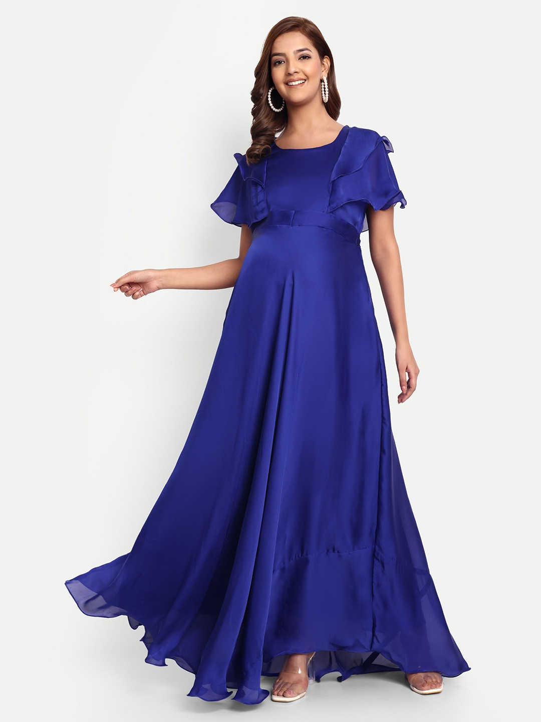 

THOTTIL Women Flutter Sleeve Maternity Cotton Fit & Flare Maxi Dress, Blue