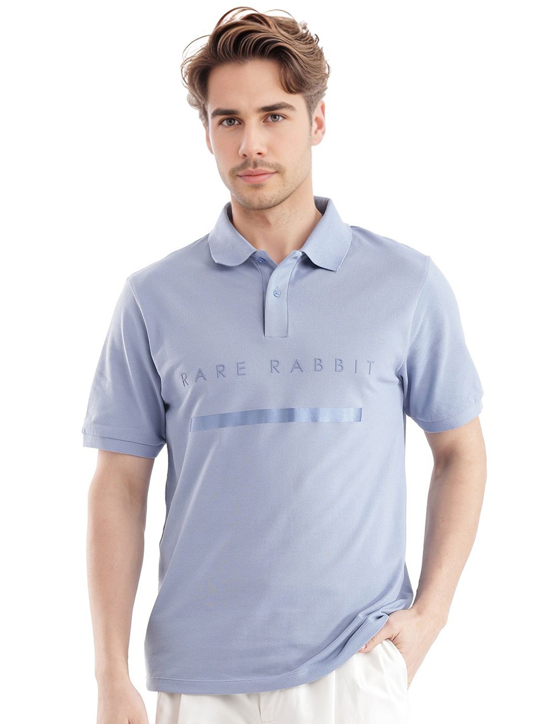 

RARE RABBIT Men Typography Printed Polo Collar Cotton T-shirt, Blue