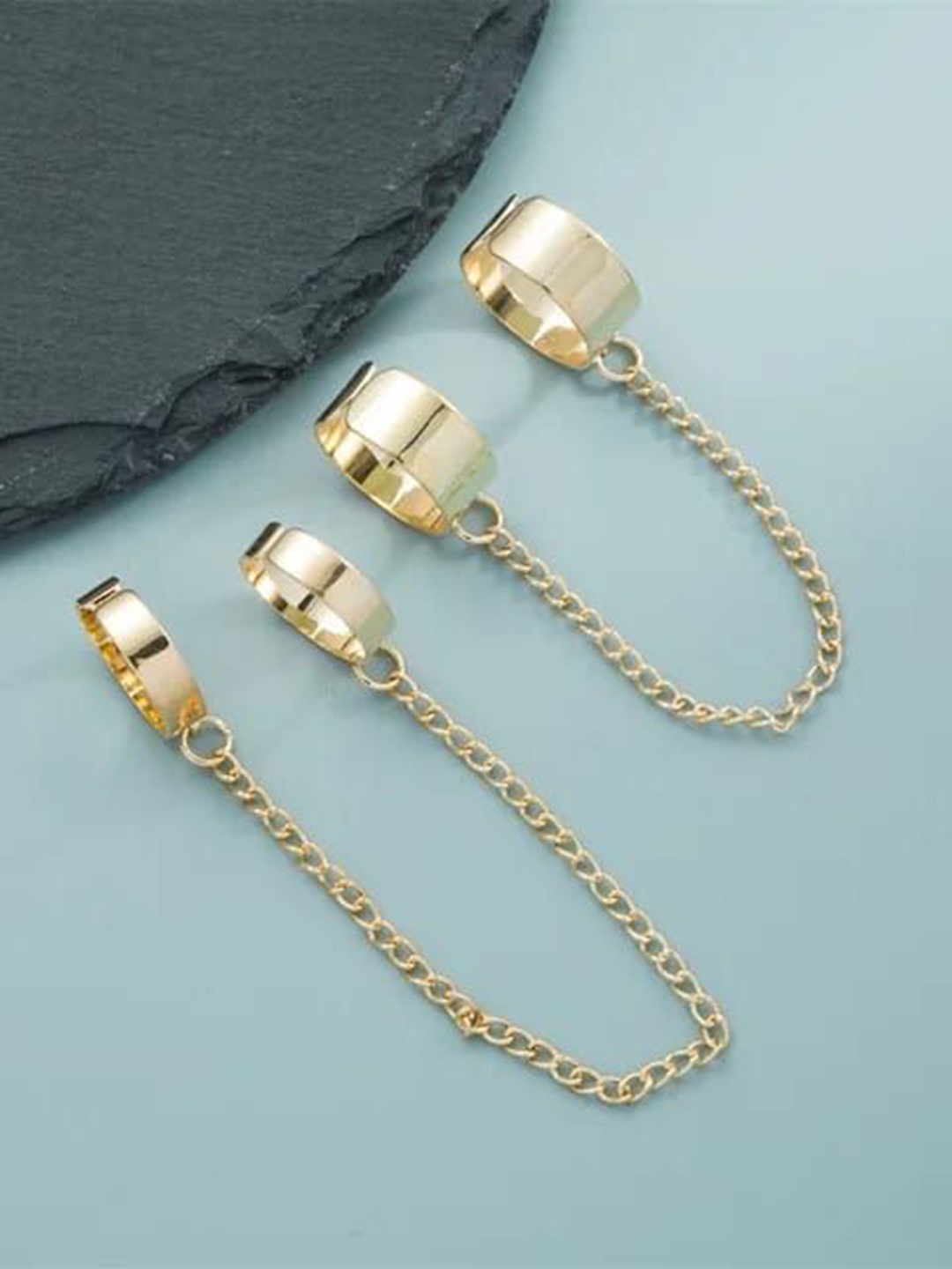 

YU FASHIONS Set Of 2 Gold-Plated Stainless Steel Adjustable Funky Punk Chain Finger Rings