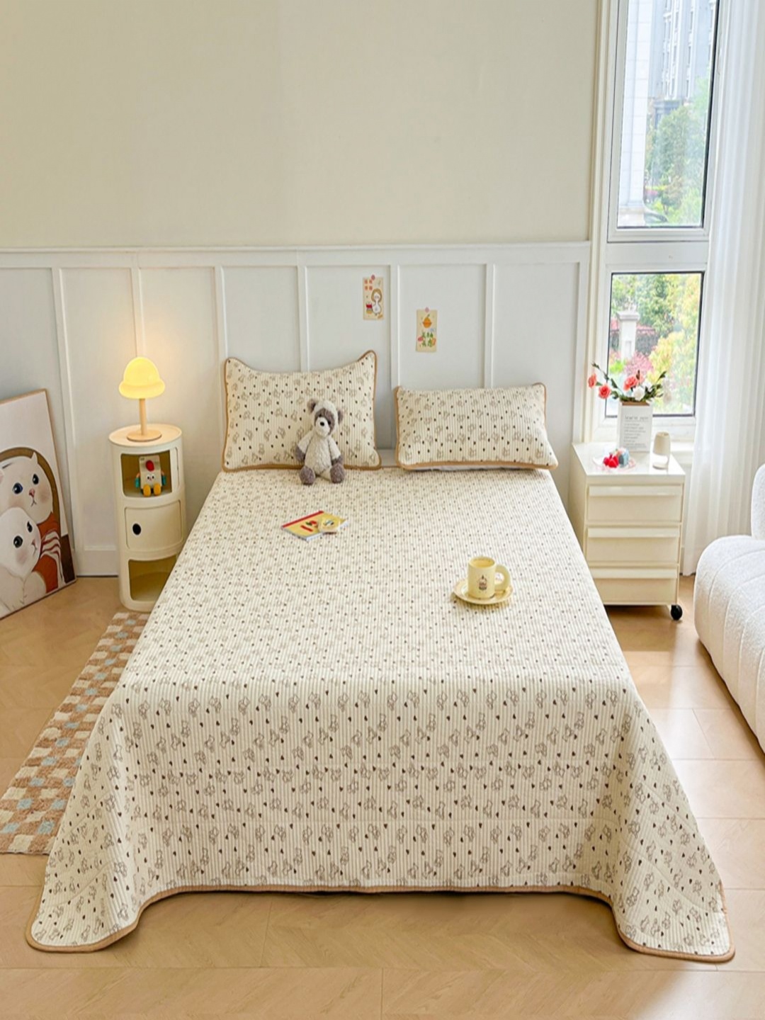 

JC HOME Brown & White 3 Pieces Printed Pure Cotton Bed Covers Set