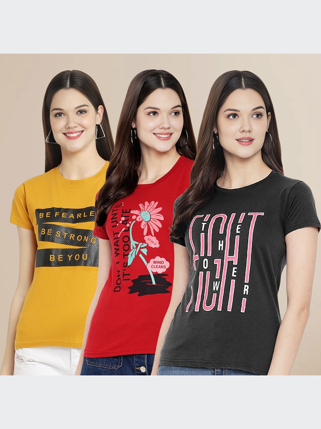 

Metronaut Women Pack Of 3 Typography Printed Round Neck Cotton T-shirts, Mustard