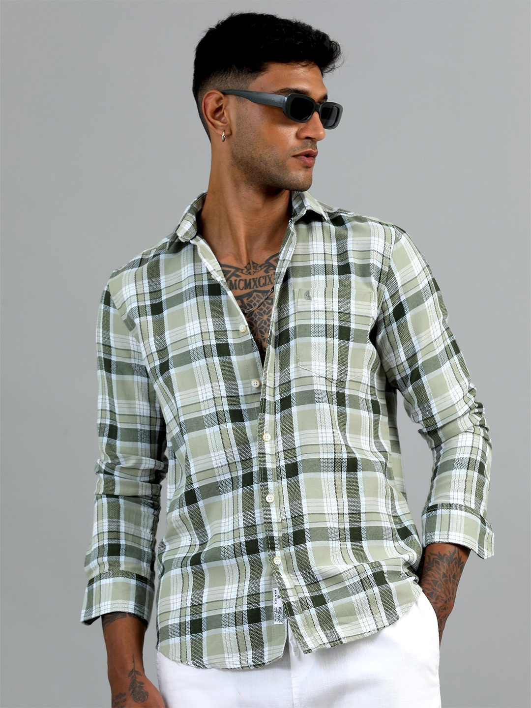 

HOUSE OF MAHNOTS Men Classic Spread Collar Tartan Checked Cotton Casual Shirt, Green