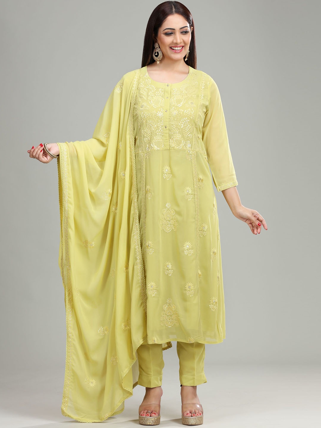 

COTTON CULTURE Floral Embroidered Sequinned Georgette Kurta With Trouser With Dupatta, Lime green