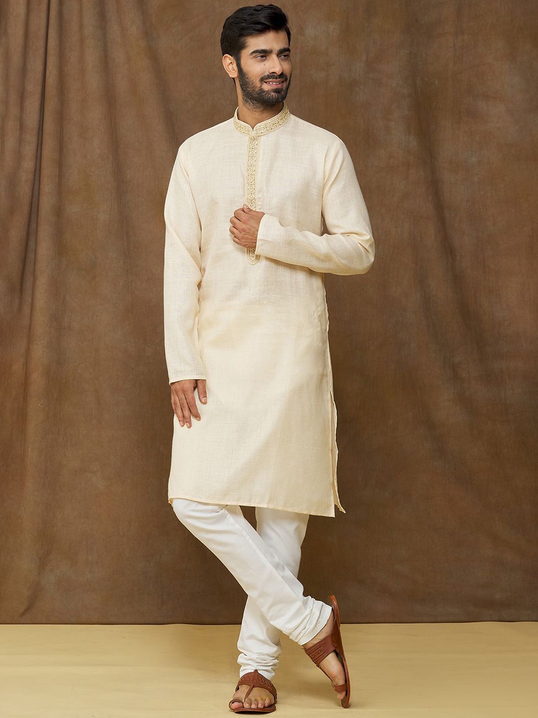 

Samyukta Singhania Mandarin Collar Straight Kurta With Churidar, Beige