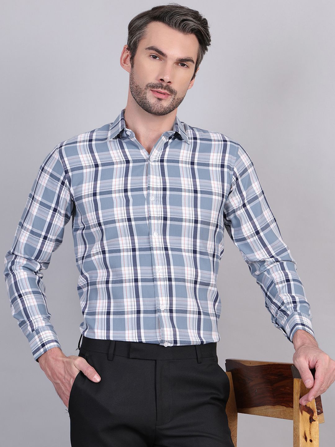 

Indian Needle Men Classic Spread Collar Checked Cotton Formal Shirt, Blue