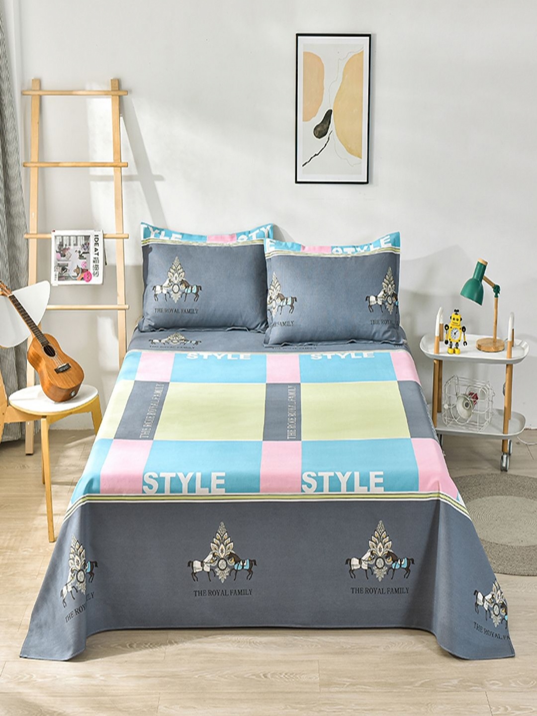 

JC HOME Grey & Blue King Bedsheet with 2 Pillow Covers