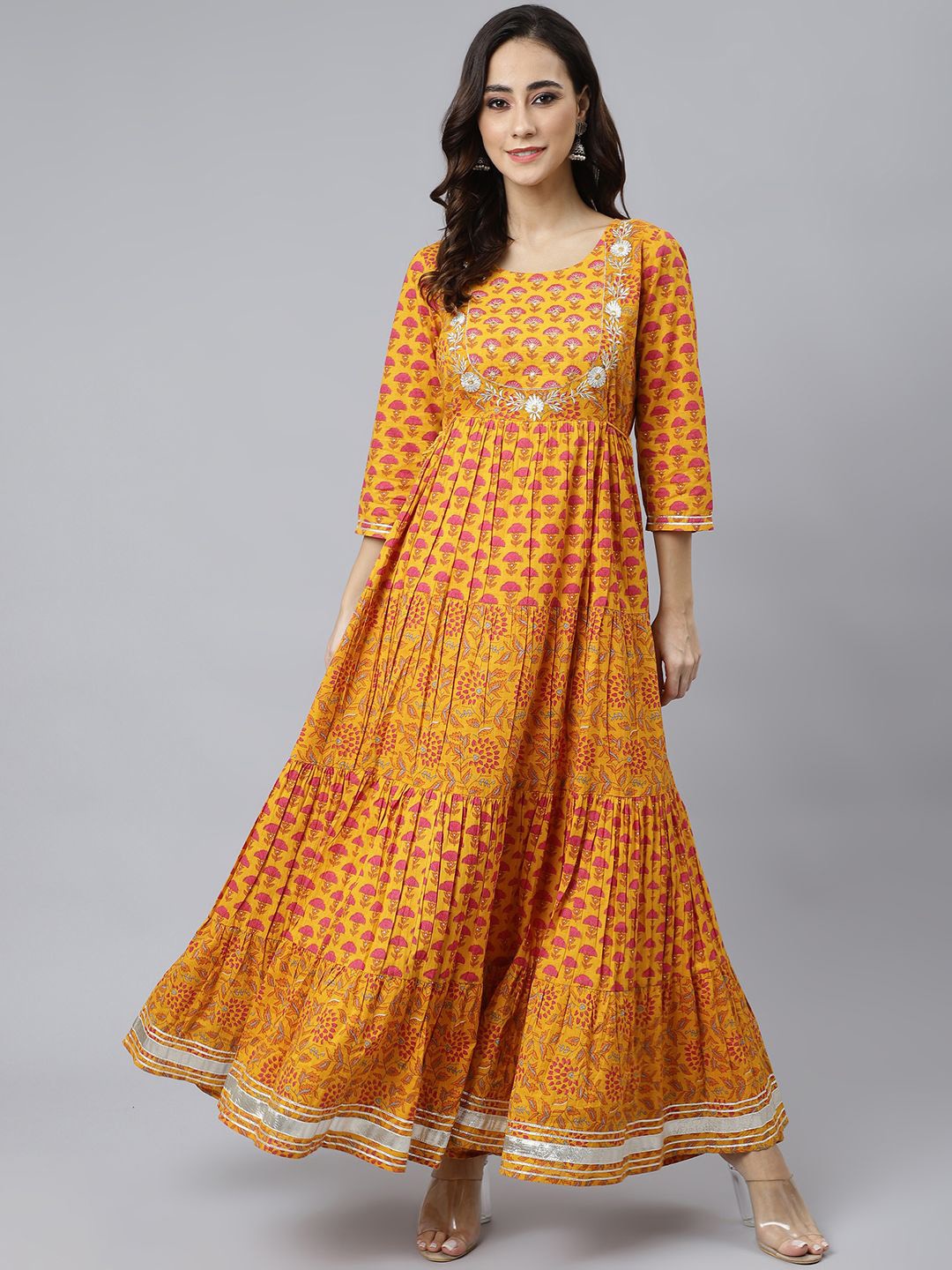 

KALINI Floral Printed Pure Cotton Anarkali Kurta, Mustard