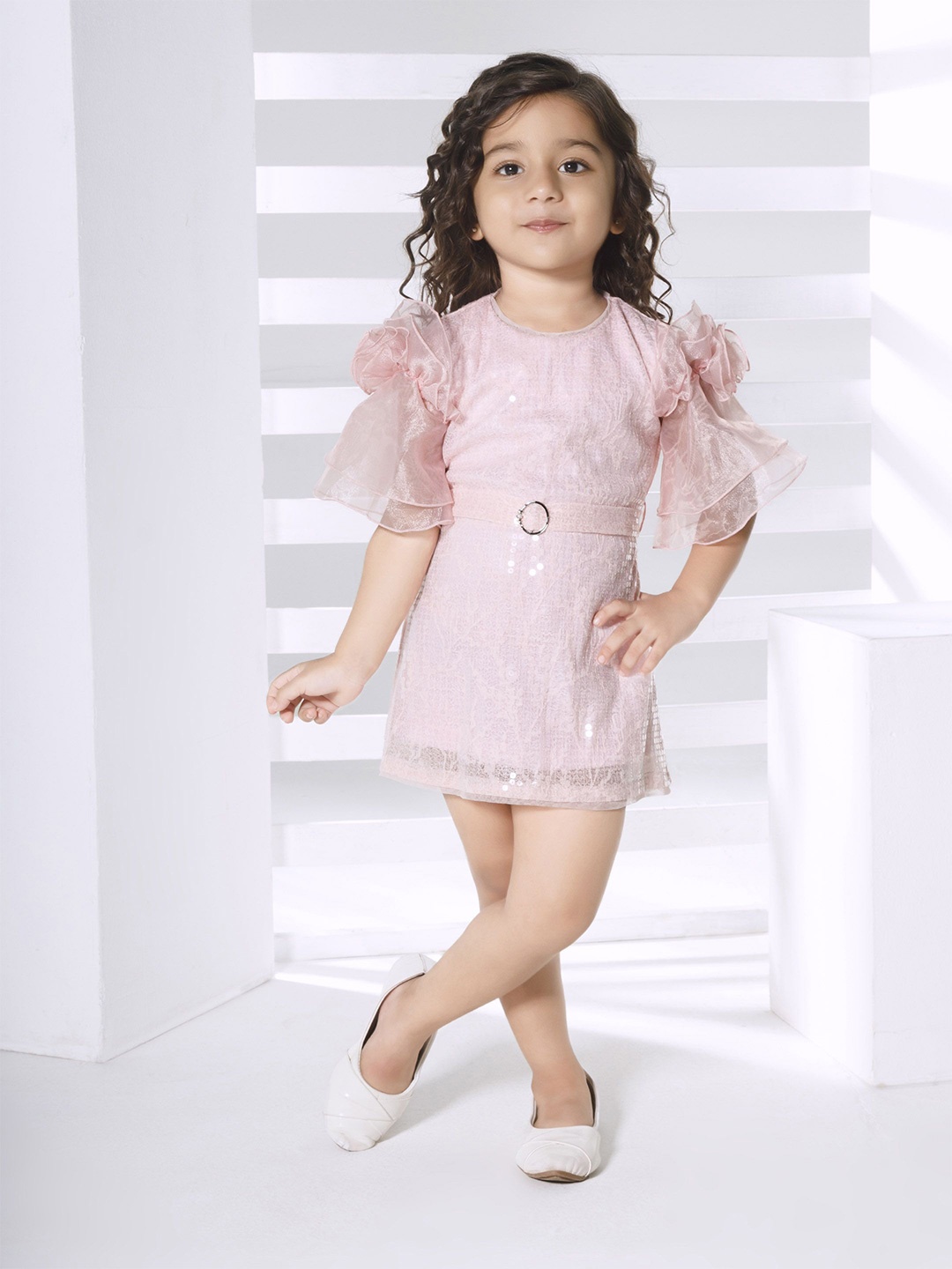 

Peppermint Girls Embellished Sequined A-Line Dress Comes with a belt, Peach