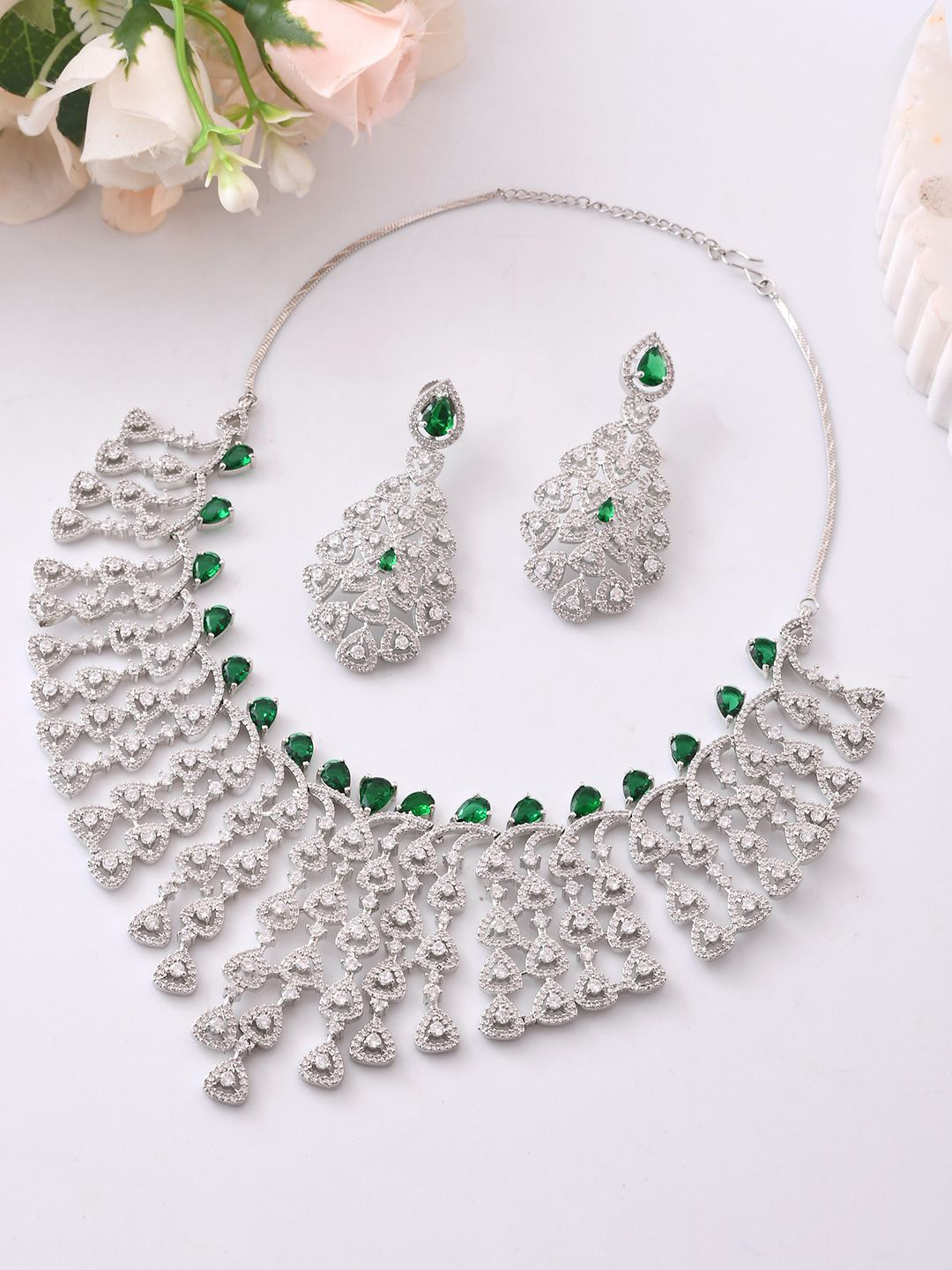 

Voylla Rhodium-Plated Gorgeous Teardrop American Diamond Stone Studded Jewellery Set, Silver