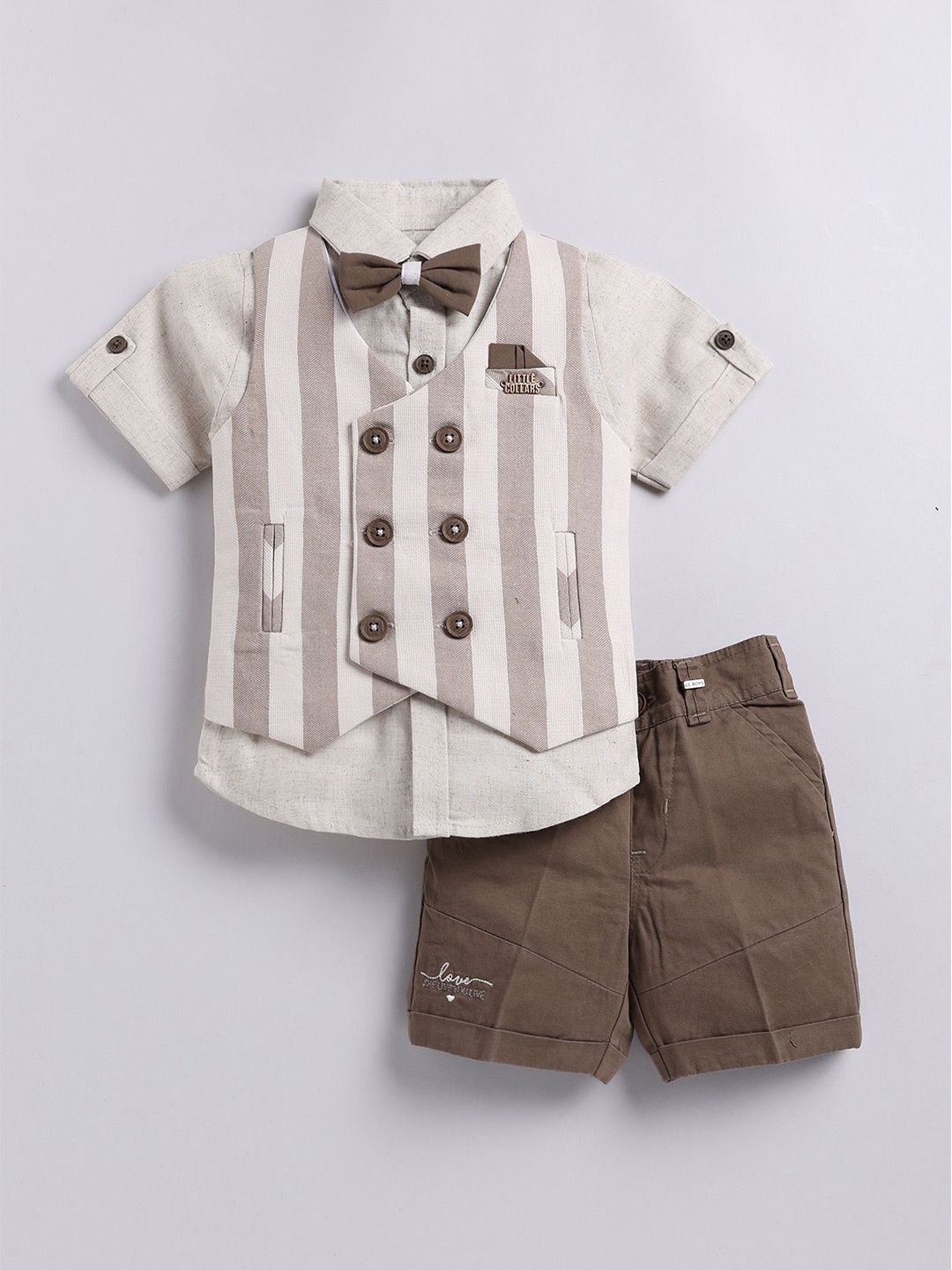 

LITTLE COLLARS Boys Striped Pure Cotton Shirt with Shorts & Waistcoat, Khaki