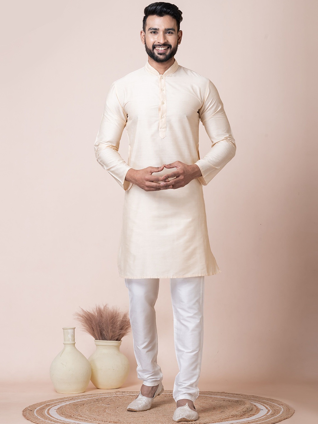 

HERE&NOW Beige Mandarin Collar Long Sleeves Regular Straight Kurta