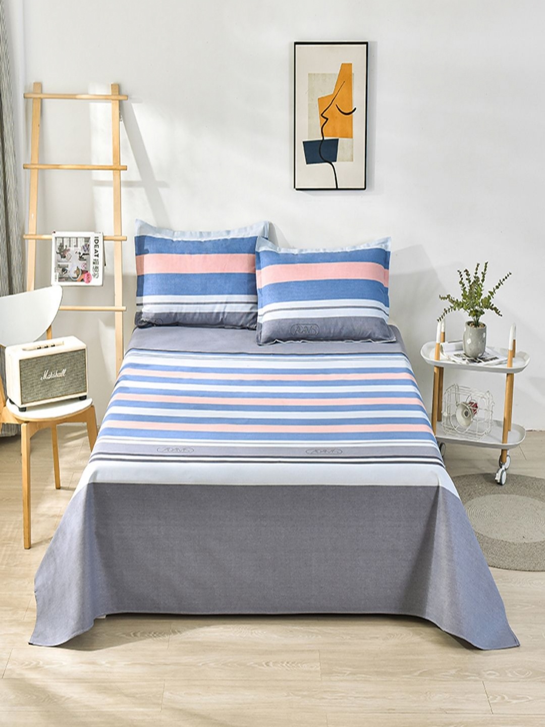 

JC HOME Blue & Pink Striped Cotton 230 TC Double King Bedsheet Set-2 m x 2.3 m