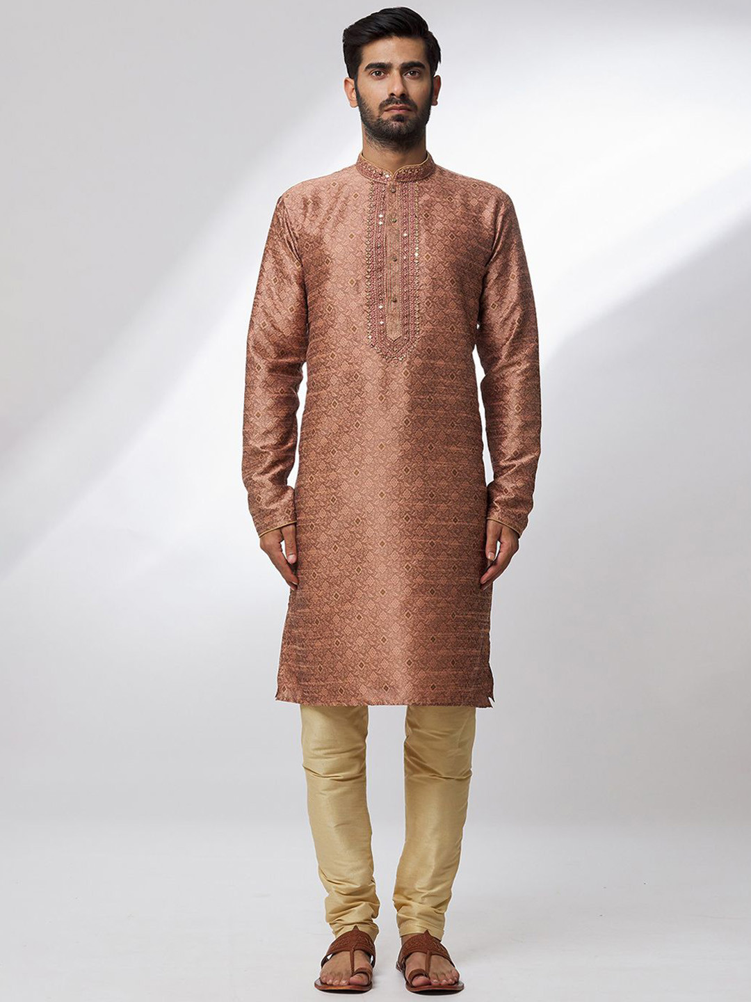 

Samyukta Singhania Botanical Woven Design Thread Work Brocade Straight Kurta with Churidar, Pink