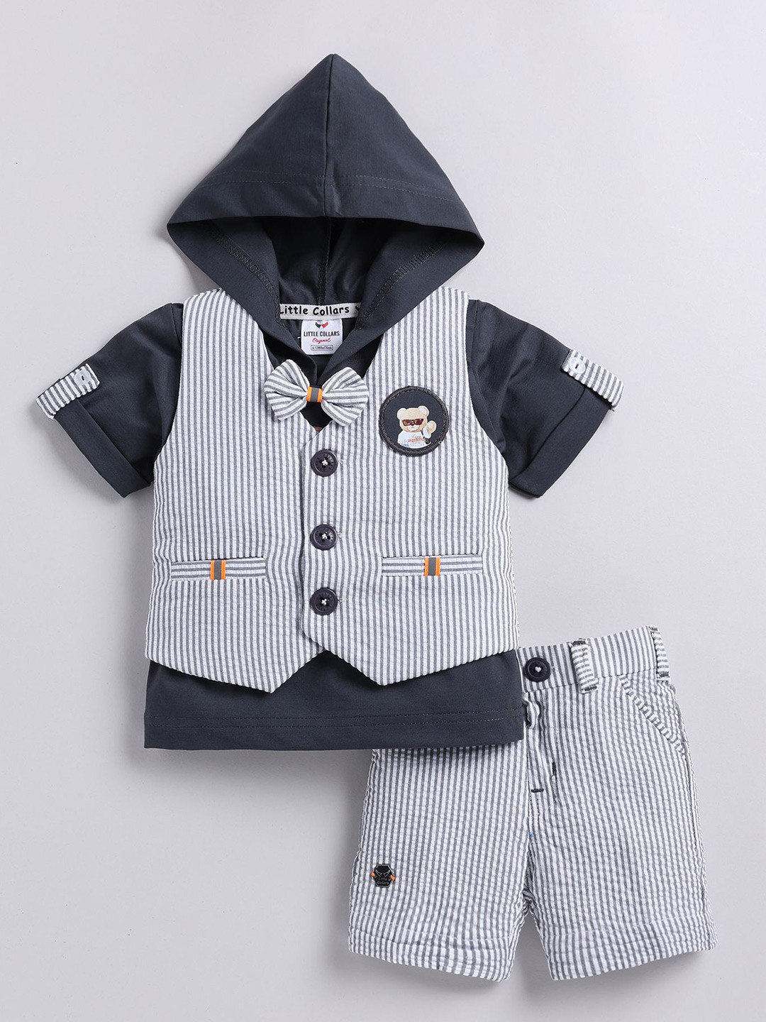 

LITTLE COLLARS Boys Striped T-shirt with Shorts, Grey