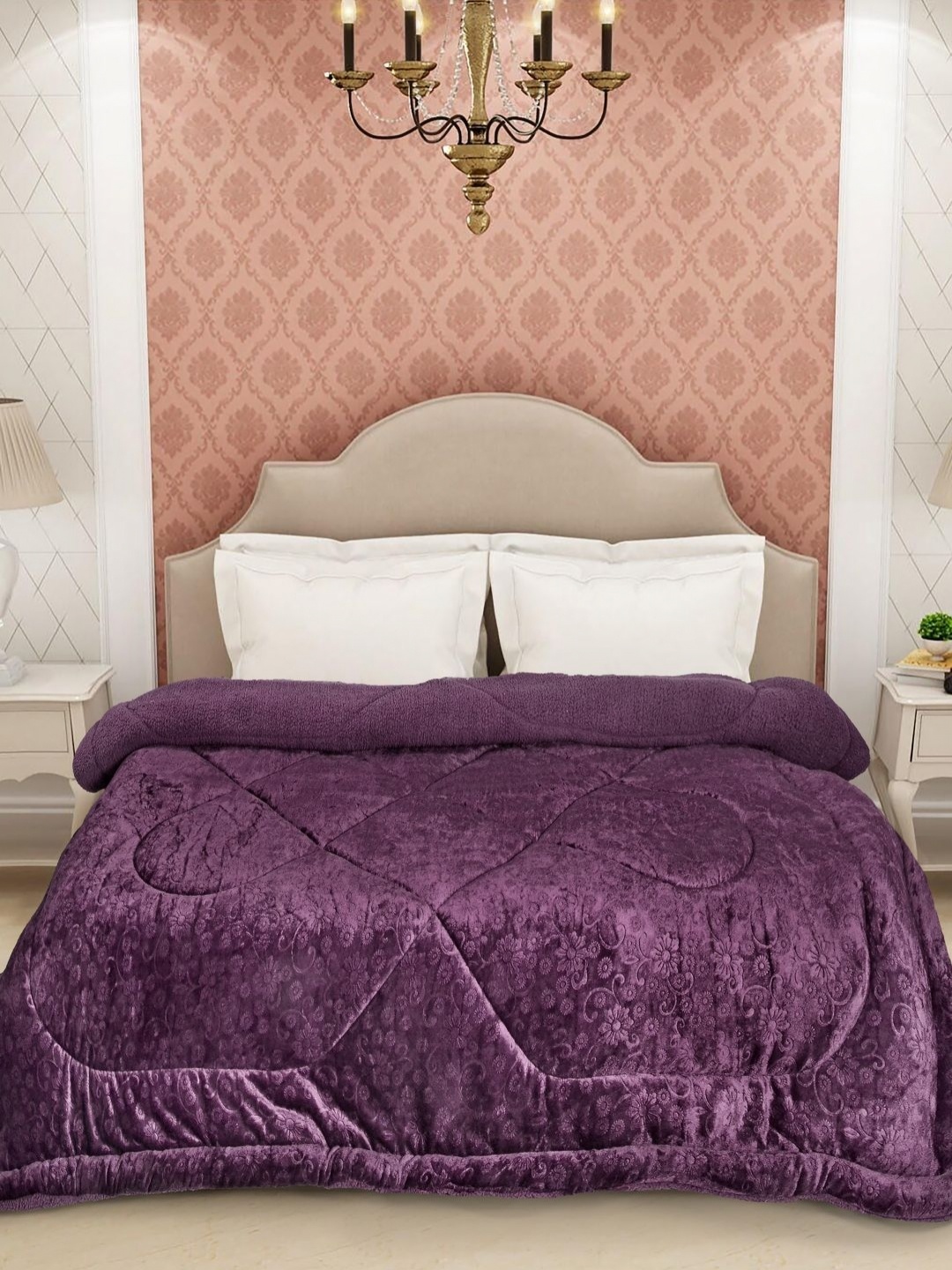 

FABINALIV Purple Floral 950 GSM Woollen Heavy Winter Double Bed Quilt