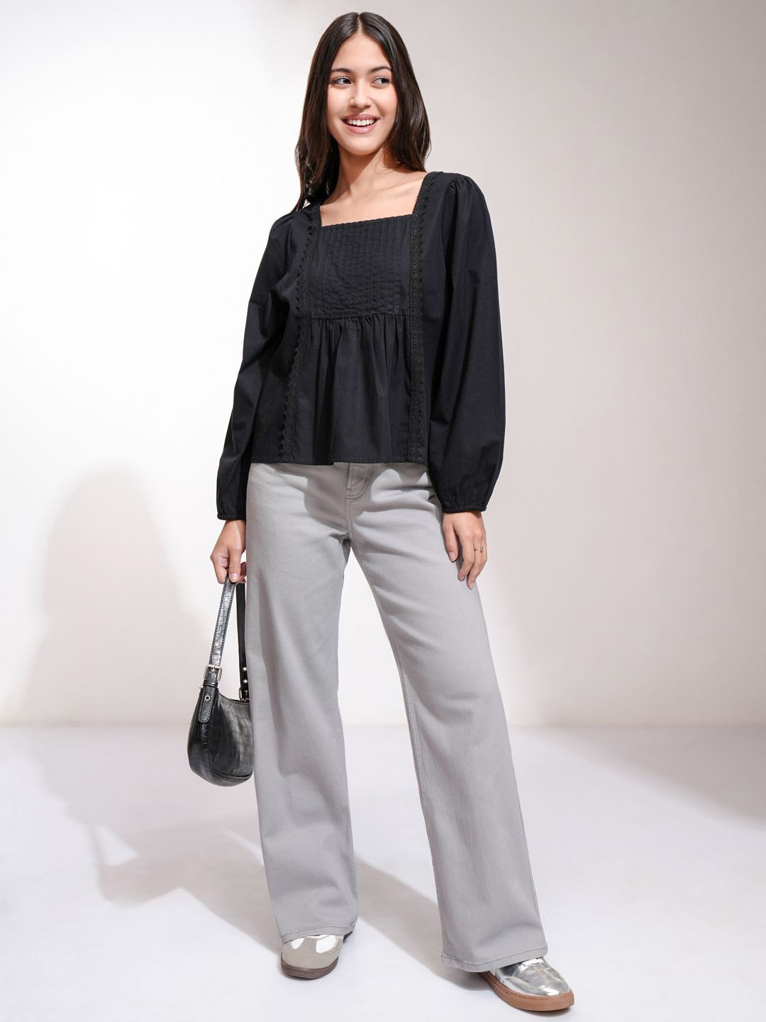 

Tokyo Talkies Women Cotton Lacy Blouson Top, Black