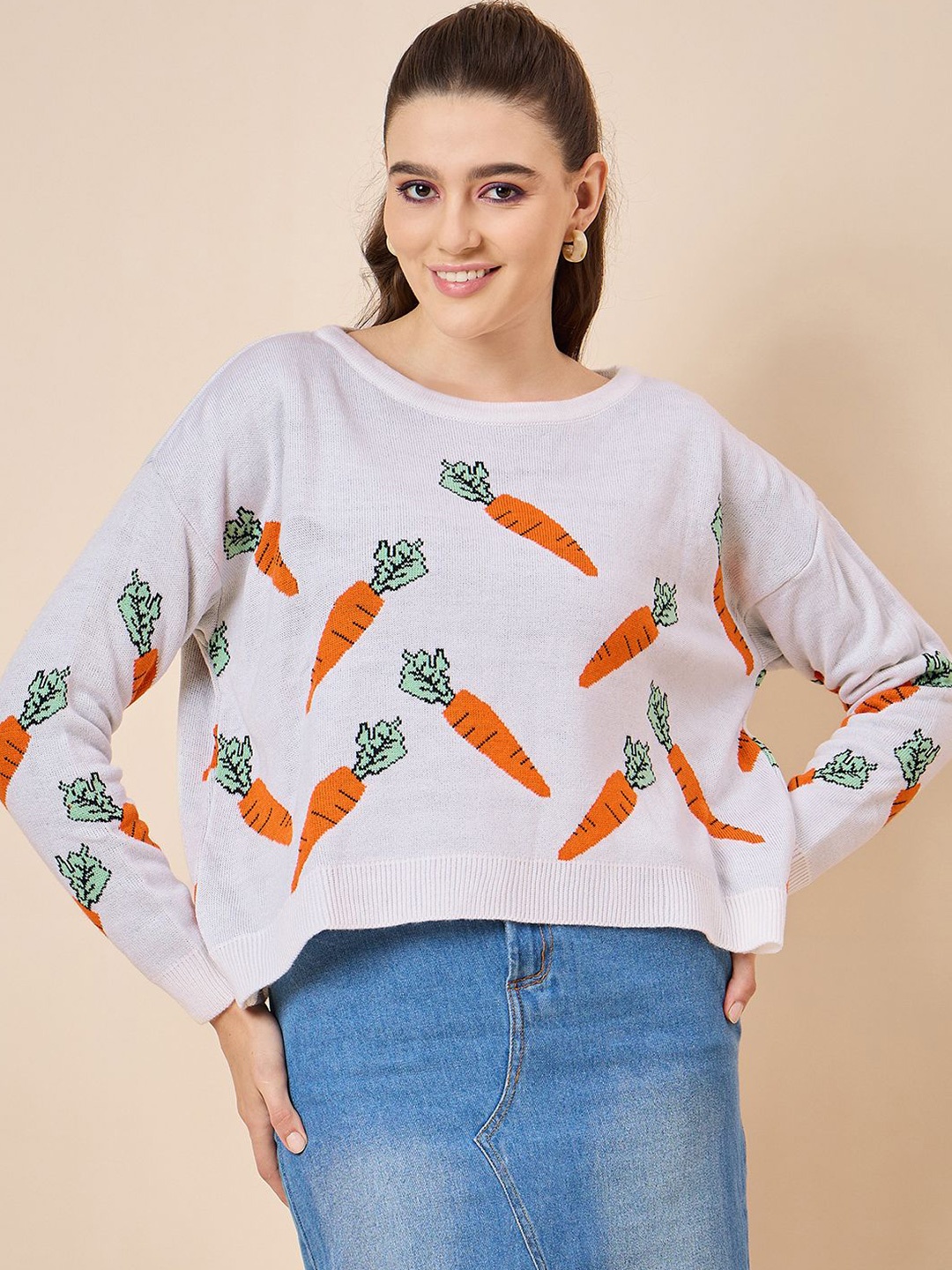 

KASMA Women Quirky Woollen Pullover, White