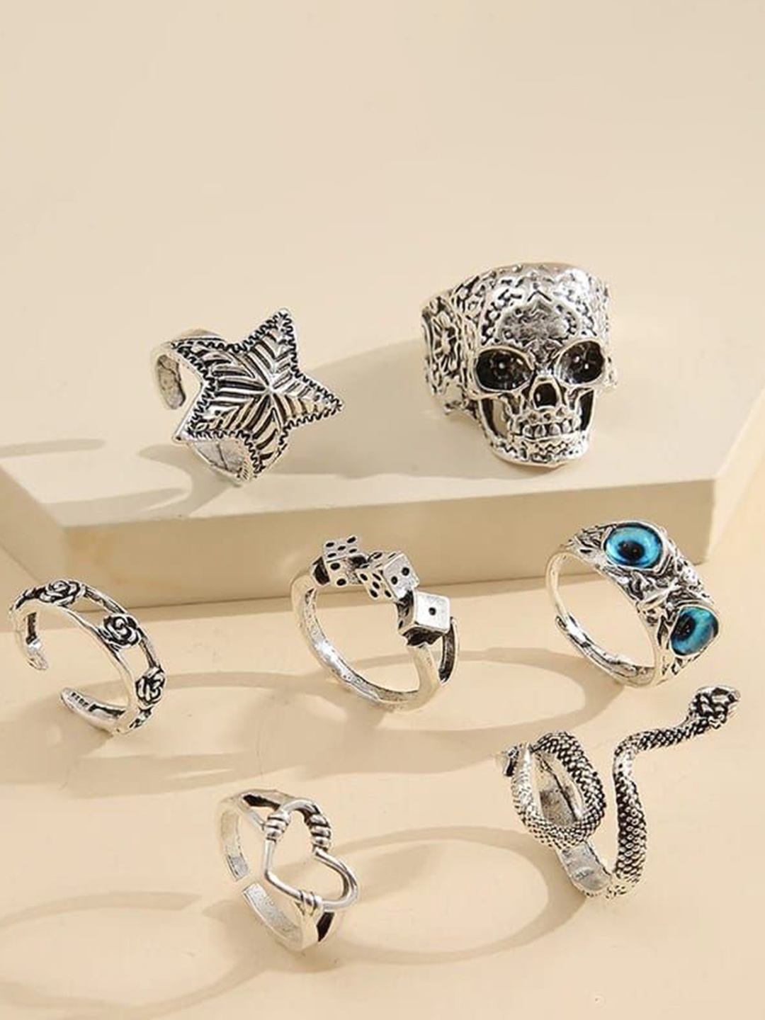 

YU FASHIONS Set Of 7 Silver-Plated Owl Skull Stainless Steel Finger-Ring
