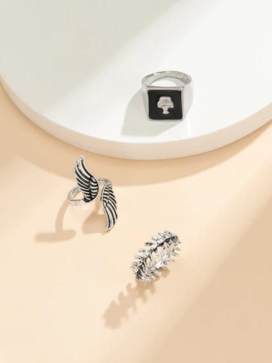 

YU FASHIONS Set Of 3 Stainless Steel Black Wing High Fashion Silver Korean Rings